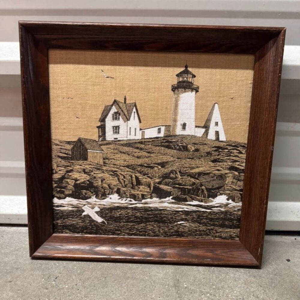 Vintage Cape Neddick Lighthouse Ink and Textile Wall Art Wood Frame